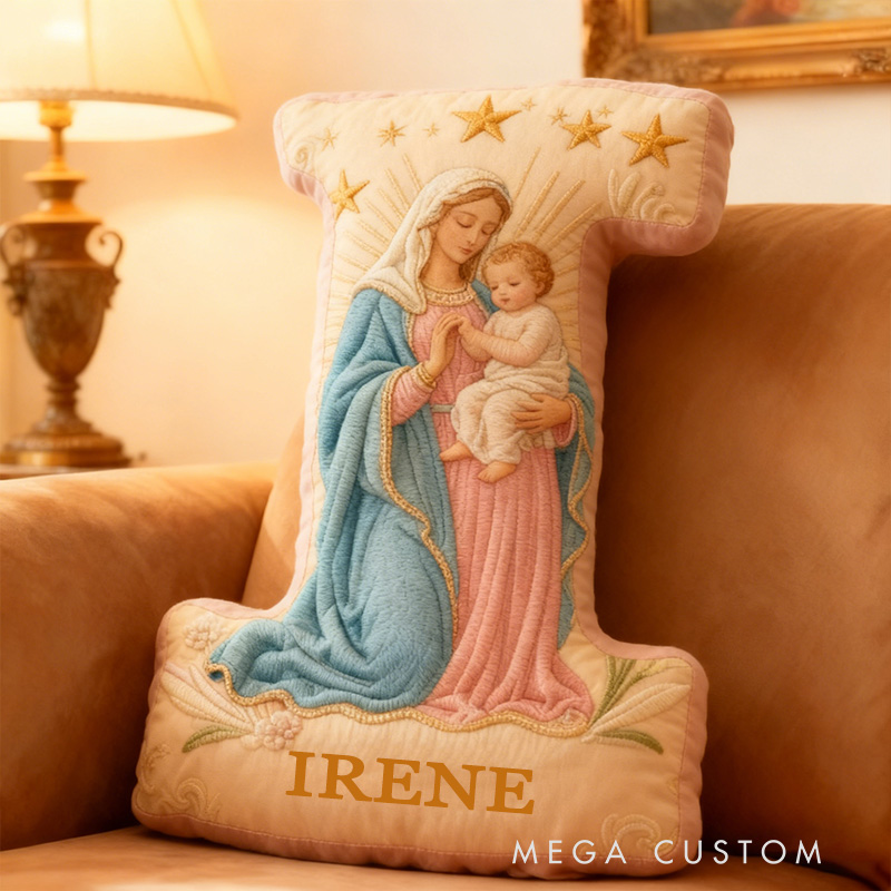 Personalized the Virgin Mary and Baby Jesus Letter Pillow with Custom Name Religious Home Decor Christian Gift Stars and Lily Graphic 3D Print Pillow