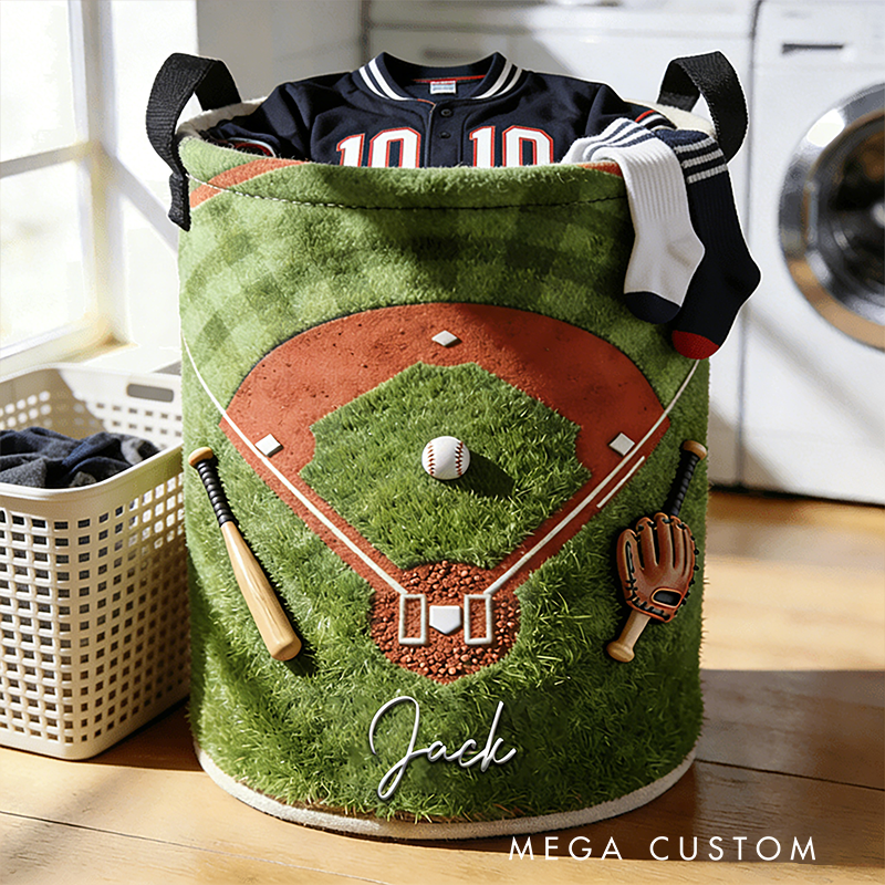 Personalized Baseball Laundry Basket with Custom Name and Field Design