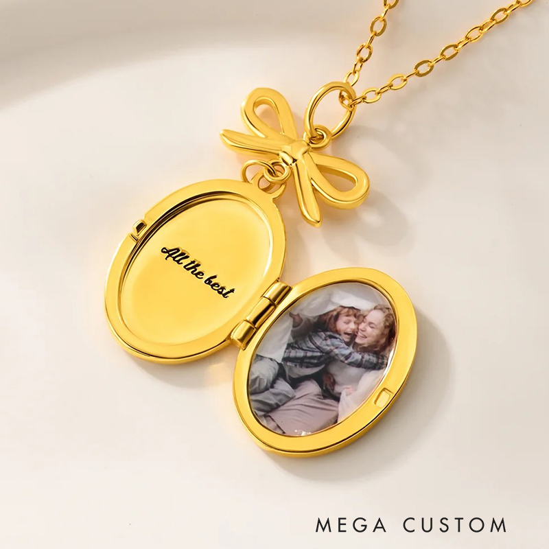 Personalized Vintage Oval Butterfly Photo Necklace with Bow Charm and Engraved Text Memorial Jewelry for Loss of Loved One
