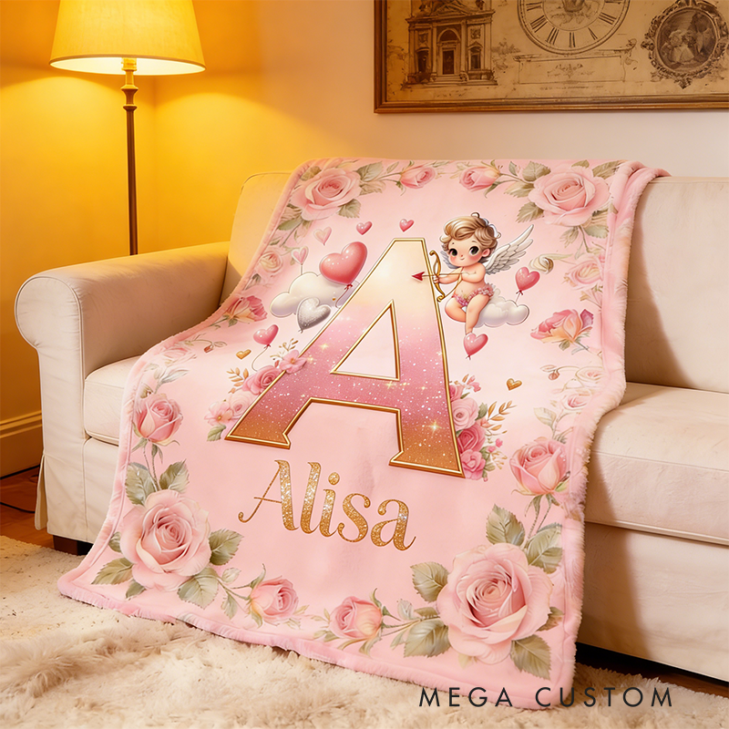 Personalized Cupid Themed Valentine's Day Gift Soft Throw Blanket with Name Home Decor Western Nursery Birthday Gift for Magic Friends