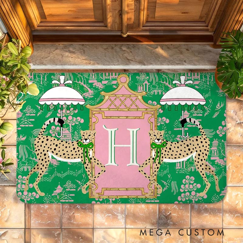 Personalized Leopard Pagoda Chinoiserie Non-Slip Door Mat with Initial Entryway Home Decor Housewarming Gift for Family