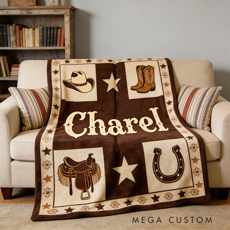 Personalized Cowboy Boots Western Soft Throw Blanket with Name Home Decor Western for Cowboy Friends