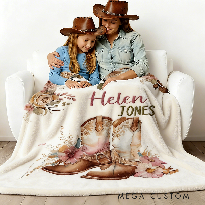 Personalized Floral Cowgirl Boots Western Soft Throw Blanket with Name Home Decor Western Nursery Birthday Gift for Cowgirls Friends