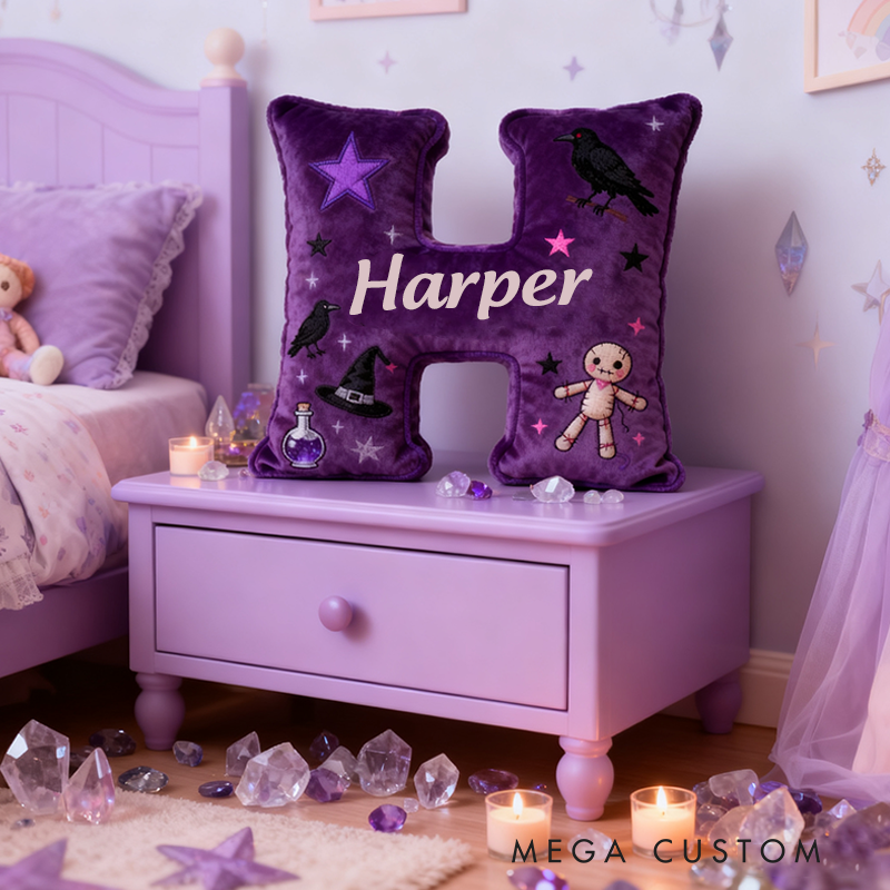 Personalized Purple Letter Pillow with Name Purple Witchy Theme and Mystical Design Graphic 3D Print Pillow