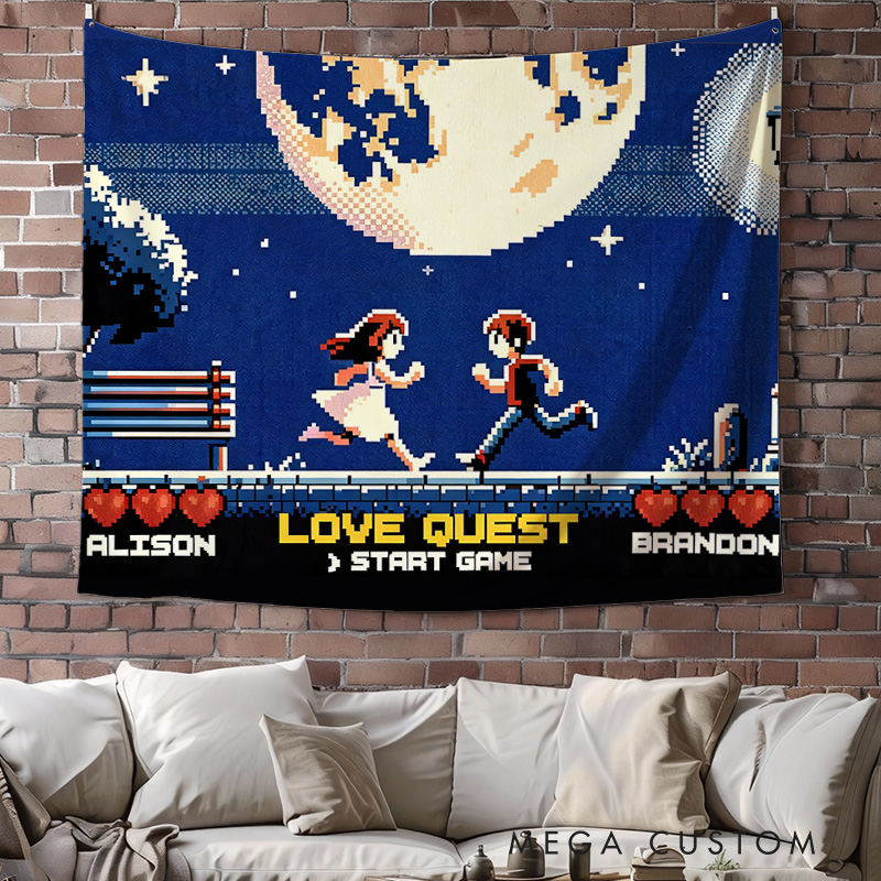 Personalized the Moon Couple Tapestry Pixel Art Video Game Tapestry Gift for Nerdy Wedding & Gaming Room Decor for Couples
