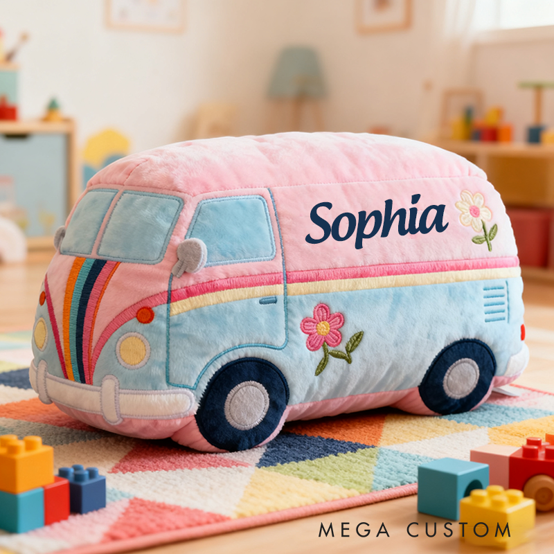 Personalized Hippie Van Pillow Pink and Blue Retro Design Floral Embroidery Boho Aesthetic Custom Pillow for Kids and Teens