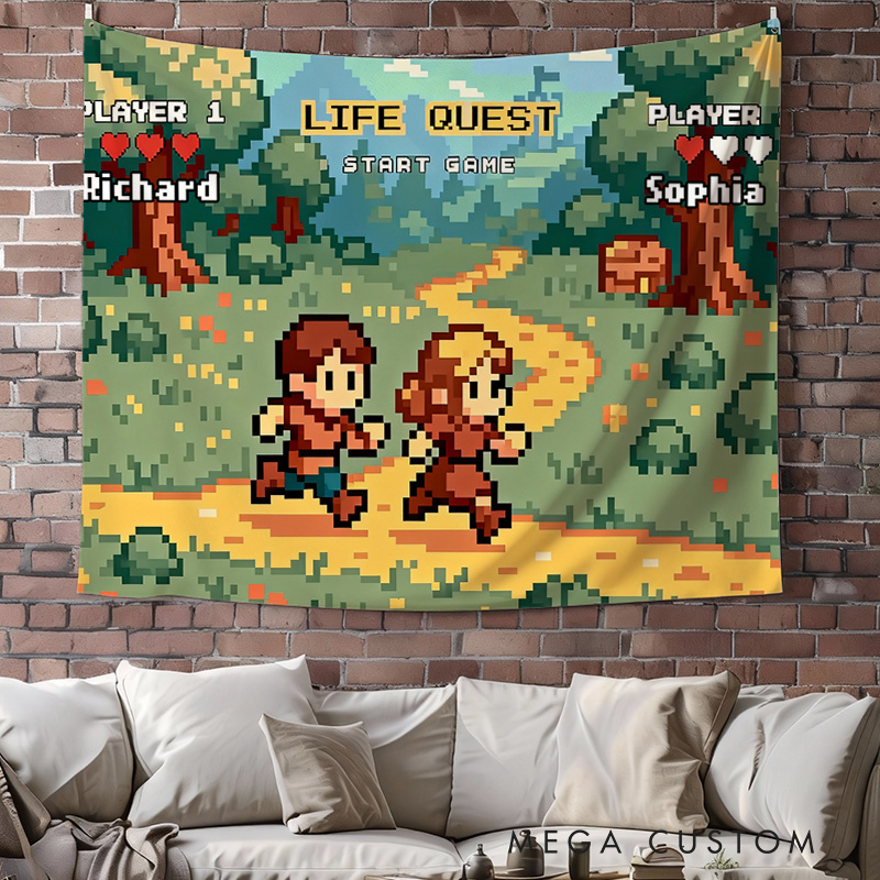 Personalized Adventure Couple Tapestry Pixel Art Video Game Tapestry Gift for Nerdy Wedding & Gaming Room Decor for Couples