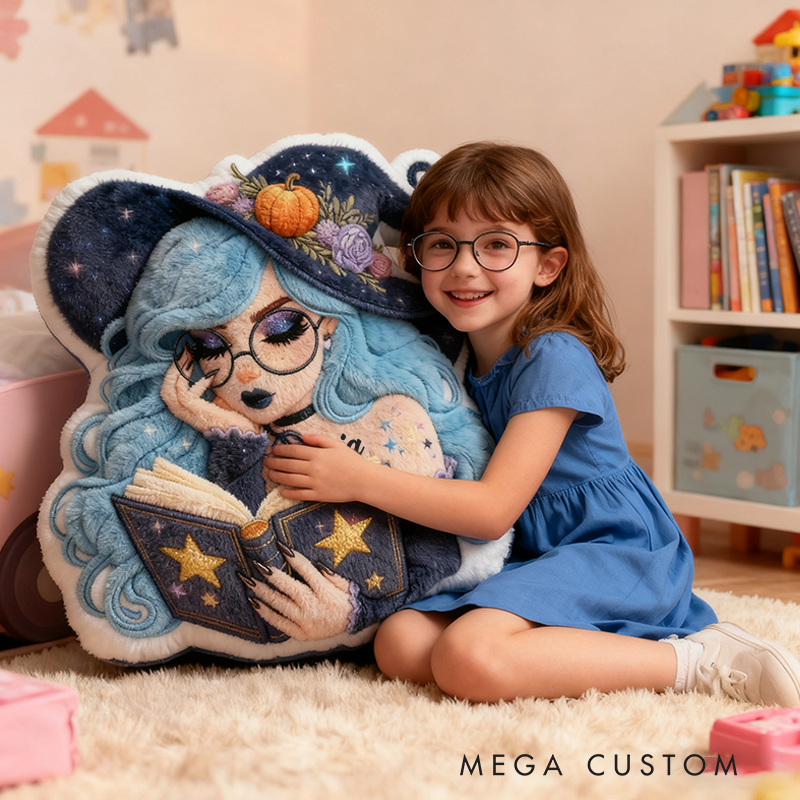 Personalized Name Witch Pillow with Magic Booka and Enchanting Mystical Design Graphic 3D Print Pillow for Kids