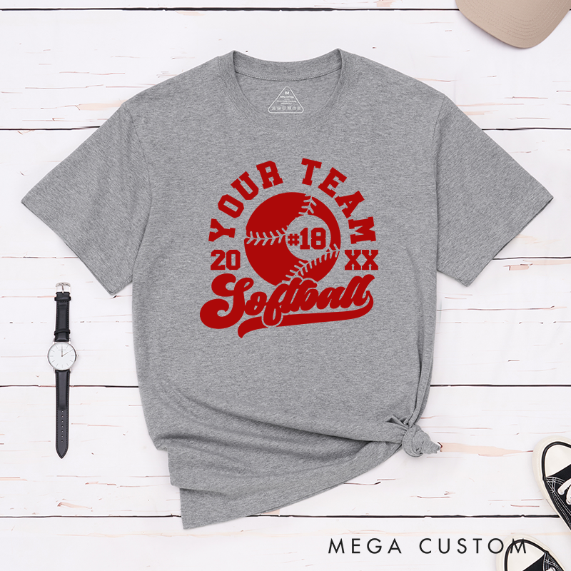 Personalized Softball Team T-Shirt Design Featuring Customizable Team Name Bold Softball Graphic Player Number and Year
