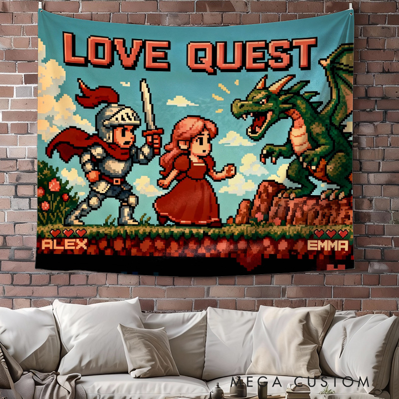 Personalized the Hero And the Dragon Couple Tapestry Pixel Art Throw Retro Video Game Tapestry Gift for Nerdy Wedding & Gaming Room Decor for Couples