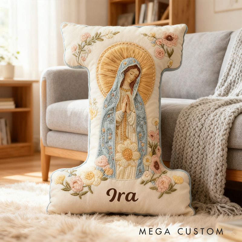Personalized Virgin Mary Letter Pillow with Custom Name Home Decor Religious Gift for Her Catholic Gift for Women Floral Graphic 3D Print Pillow