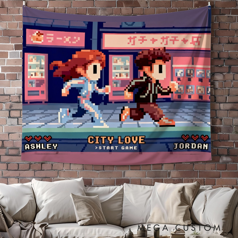 Personalized City Love Couple Tapestry Pixel Art Retro Video Game Tapestry Gift for Nerdy Wedding  Gaming Room Decor for Couples