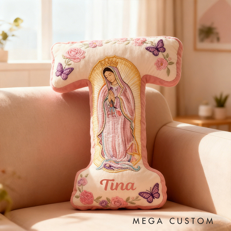 Personalized Virgin Mary Letter Pillow with Custom Name Faith Christian Home Decor Catholic Gift for Her Floral and Butterfly Graphic 3D Print Pillow