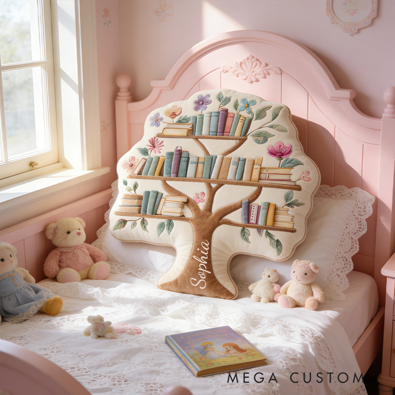 Personalized Tree Bookshelf Throw Pillow Graphic 3D Print Floral Bookshelf Pillow with Name for Book Lover Bookish Bookworm Reader Christmas Gift
