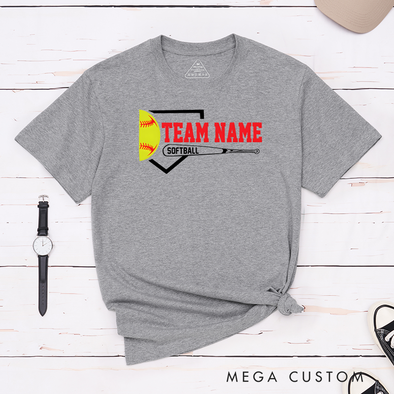Personalized Softball Team T-Shirt Design Featuring Customizable Team Name Bold Home Plate Graphic Yellow Softball and Bat Element