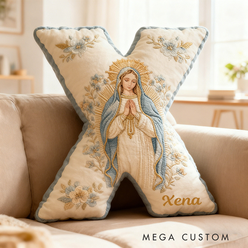 Personalized Virgin Mary Letter Pillow with Custom Name Religious Home Decor Catholic Gift for Her Prayer & Faith Gift Floral Graphic 3D Print Pillow