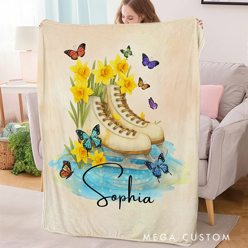 Personalized Birth Flower Ice Skates Blanket Flannel Blanket Figure Skater Blanket with Name for Ice Skating Lovers Birthday Gift for Girls