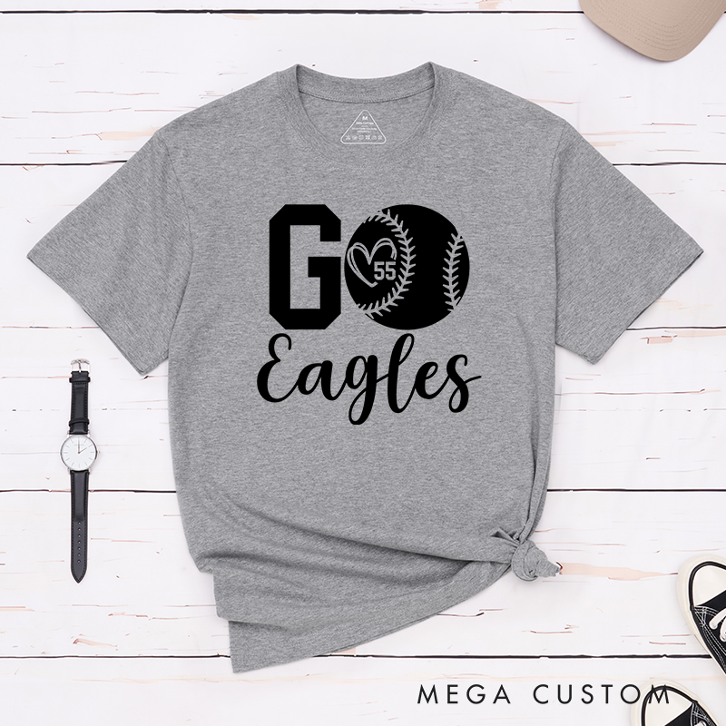 Personalized Softball Spirit T-Shirt Design Featuring Bold "Go" Text Team Name in Elegant Script Heart-Shaped Player Number Inside a Softball Graphic Perfect for Fans and Players