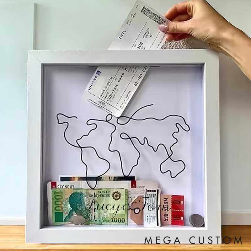 Personalized World Map Ticket Memory Box Travel Keepsake Display for Travel Lovers