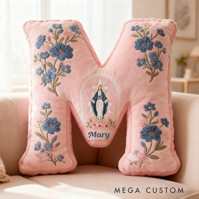 Personalized Virgin Mary Letter Pillow with Custom Name Home Decor Religious Gift Catholic Gift for Her Cross and Marian Graphic 3D Print Pillow
