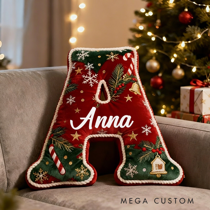 Personalized Christmas Initial Pillow Graphic 3D Print Custom Name Festive Holiday Decor Cozy Home Accent Soft Cushion Gift for Kids Family