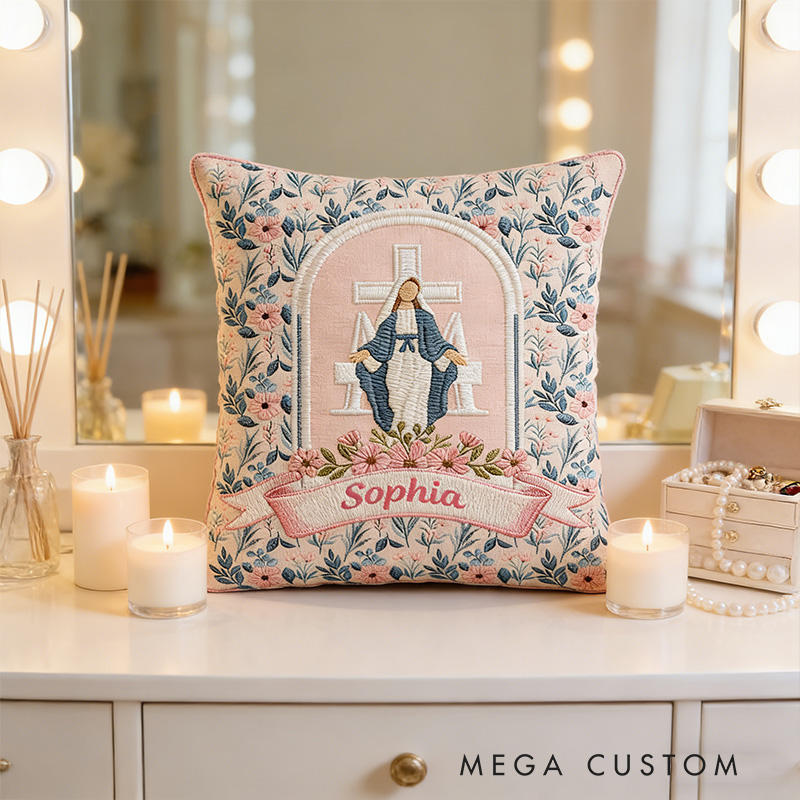 Personalized Virgin Mary Floral Pillow with Custom Name Home Decor Religious Gift Catholic Gift for Her Cross and Marian Graphic 3D Print Pillow