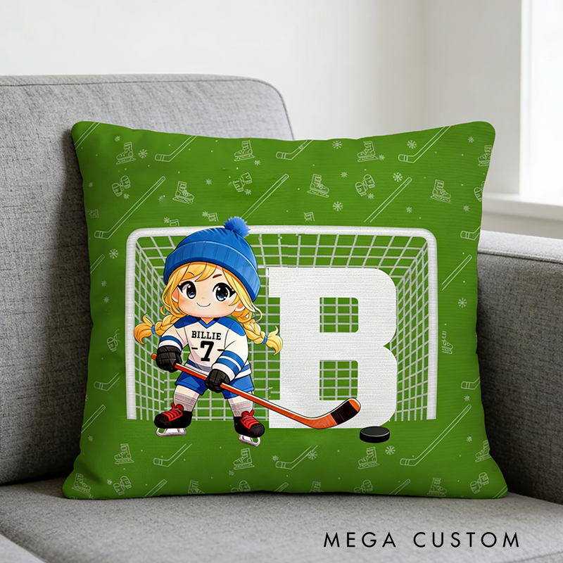 Personalize Your Childs Ice Hockey Pillow with Custom Name and Number