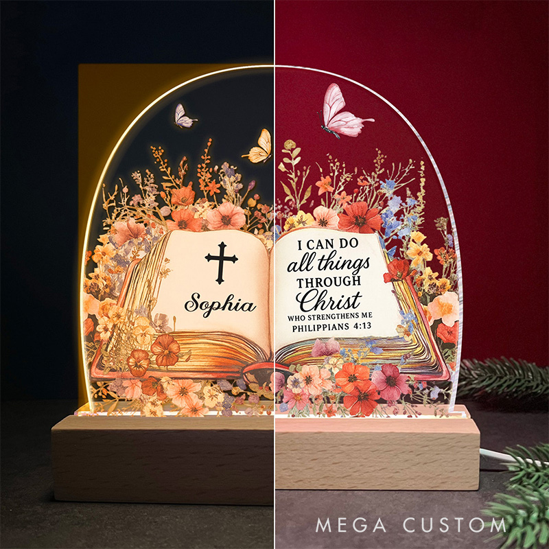 Personalized Name with Book of Favorite Bible Verses LED Night Light Home Decor Butterfly and Floral Night Light Religious Christian Gift for Her