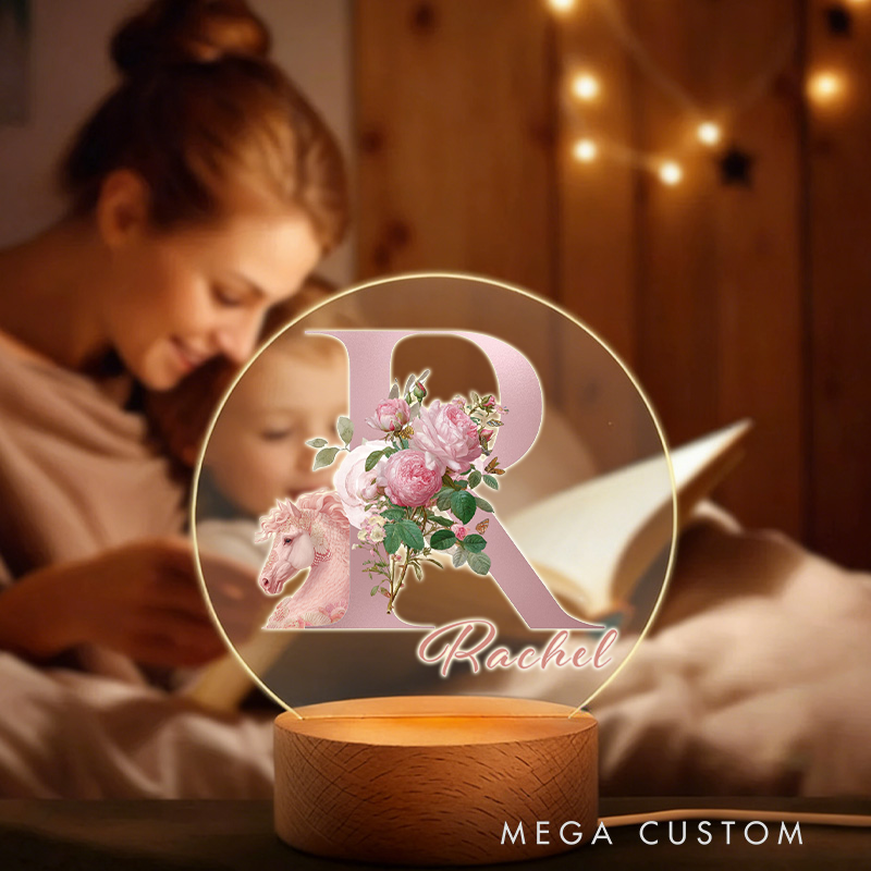 Personalized Fantasy Horse Riding Initial Name LED Night Light with Wooden Base Room Decor Baby Shower Birthday Gift for Kid New Mom Riding Lovers Equestrian Lovers
