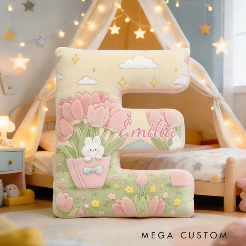 Personalized Rabbit and Tulip Throw Pillow Graphic 3D Print Tulip Pillow with Name for Girl Boy Kids Gardening Lover Christmas Gifts Loving Room Decor