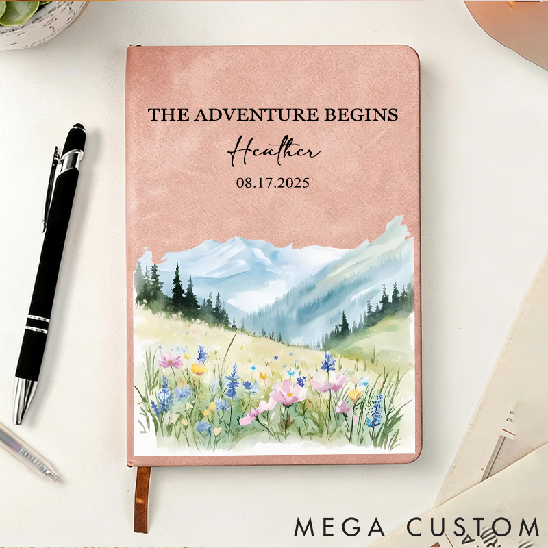 Personalized Scenic Adventure Journal Hiking Watercolor Landscape Notebook Meadow Floral Nature Journal Outdoor Adventurers Lover Gift