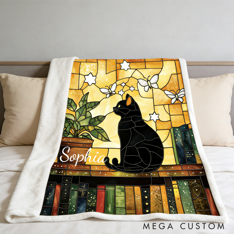 Personalized Stained-Glass Style Books Throw Blanket Custom Book and Cat Blanket for Book Lovers Reader Bookish Bookworm Librarian Gift