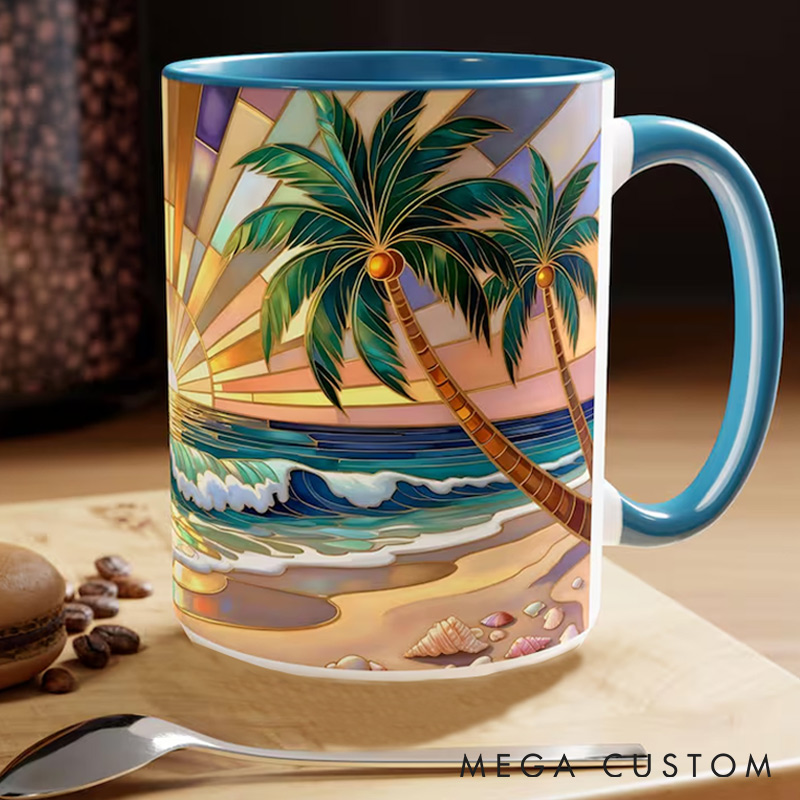 Personalized Beach Sunrise Stained Glass Style Mug Custom Name for Traveling Lovers