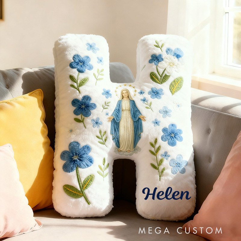 Personalized Catholic Virgin Mary Letter Pillow with Name Home Decor Our Lady Pillow Blue Floral Catholic Marian Pillow Christian Gift for Women