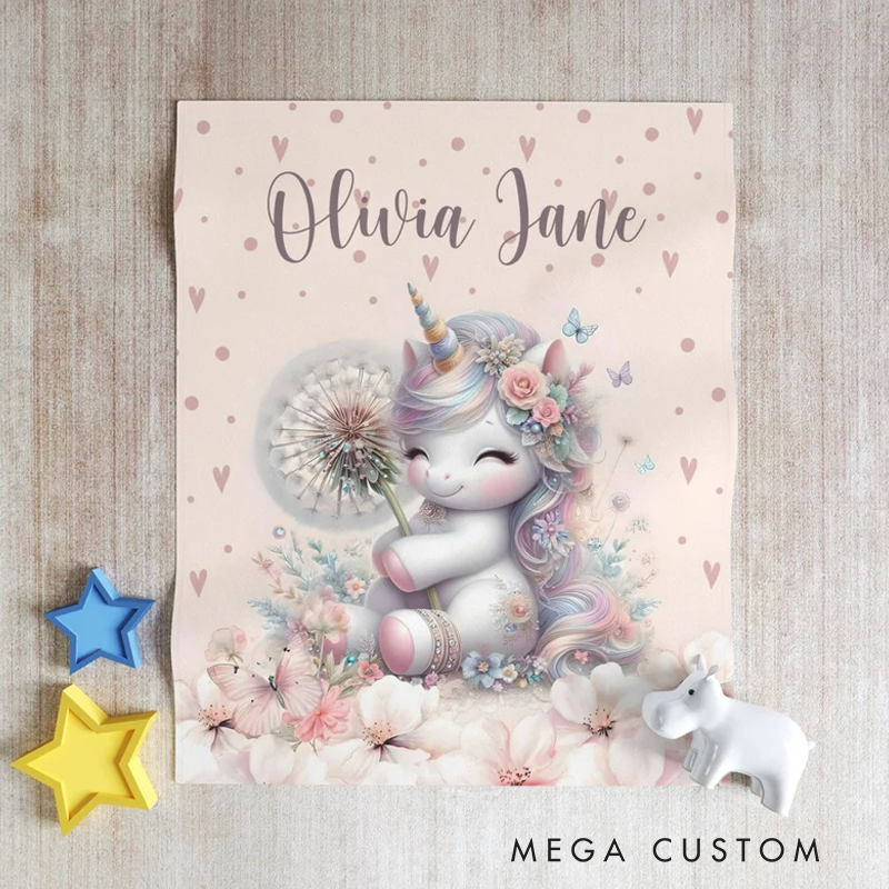 Personalized Christmas Blanket Little Unicorn Kids Custom Name Blanket Spring Floral Baby Shower Gift For Girls