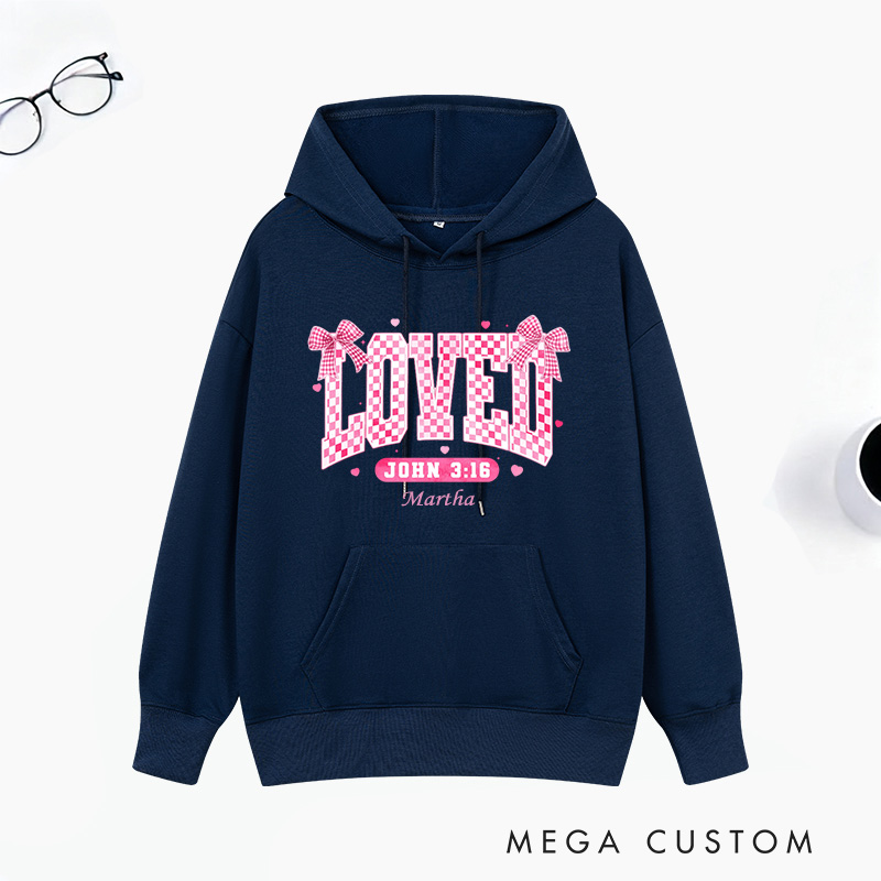 Personalized Checkered Loved John 3:16 Bible Verse Classic Hoodies with Name Retro Hoodies Religious Gift Valentines Day Gift for Couple