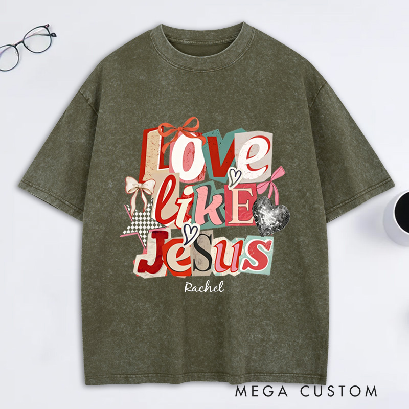 Personalized Love Like Jesus Vintage Washed T-Shirt with Custom Name Preppy Valentine’s Day Checkered Tee Coquette Jesus Shirt Valentine’s Day Gift