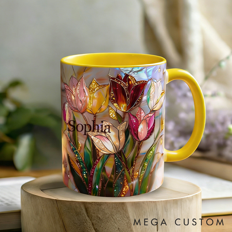 Personalized Stained Glass Print Tulip Mug Floral Art Mug Custom Name for Gardening Lovers