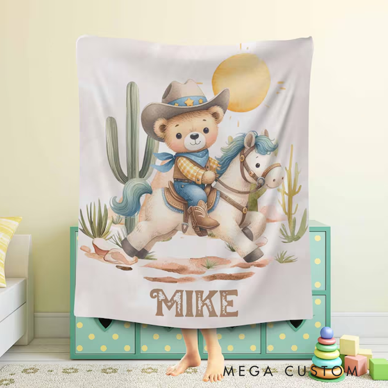 Personalized Cowboy Horse Blanket Personalized Western Nursery Blanket Toddler Animals Throw Kids Custom Name Blanket Baby Shower Gift For Boys