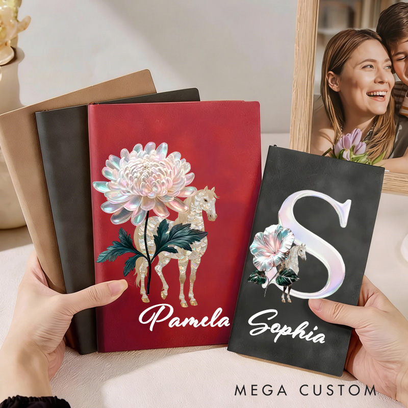 Personalized Horse Riding Birth Flower Initial A5 A6 PU Leather Notebook with Name Birthday Gift for Horse Lovers Riding Lovers Equestrian Lovers