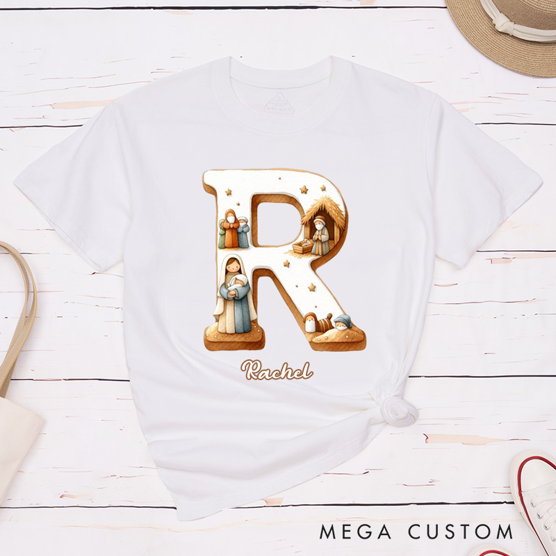 Personalized Nativity Scene Classic T-Shirt with Initial and Name Christian Shirt Religious Gift Faith Gift for Christians
