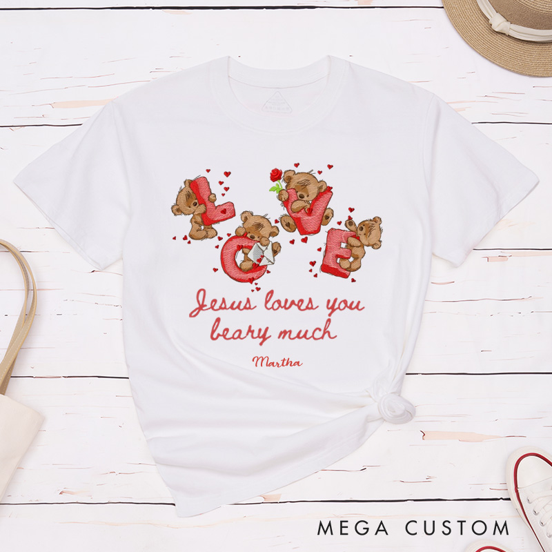 Personalized Jesus Loves you Beary Much Retro Bear Heart Valentine Classic T-Shirt with Name Christian Shirt Religious Gift Valentine's Day Gift for Her