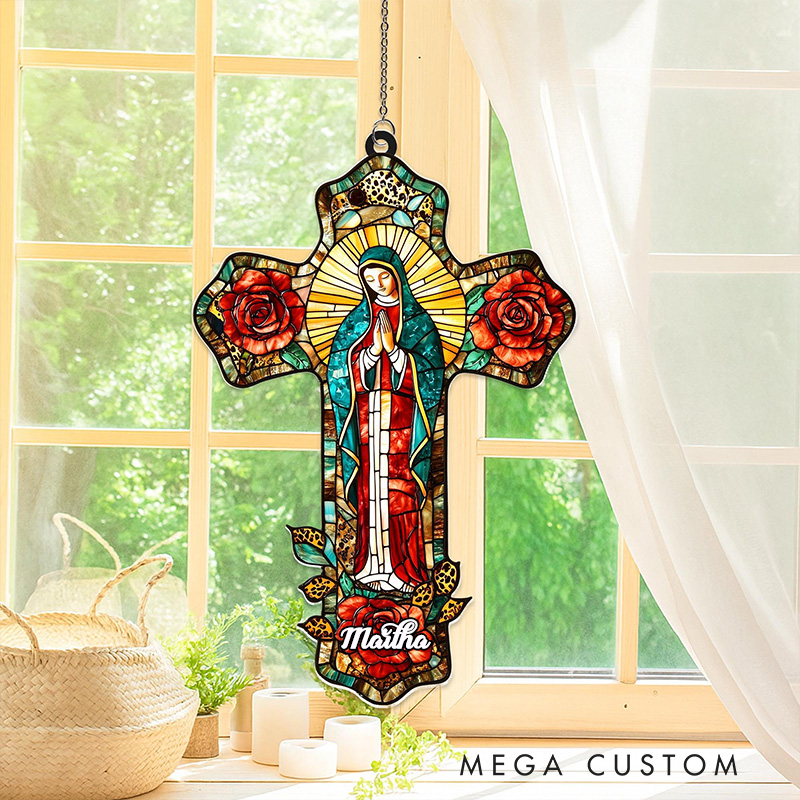 Personalized Lady of Guadalupe Cross Suncatcher with Custom Name Religious Virgin Mary Window Decor Mother of God Catholic Gift for Her