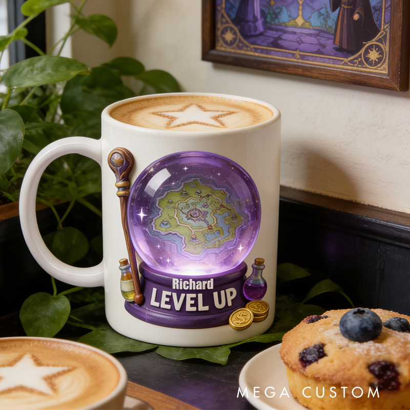 Personalized 2D Flat DND Level Up Mug Gamer Mug Player Controller Video Game Mug Gamer Gift Coffee Mug
