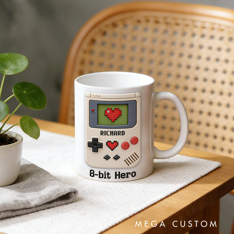 Personalized 2D Flat 8 Bit Hero Mug Gamer Mug Player Controller Video Game Mug Gamer Gift Coffee Mug