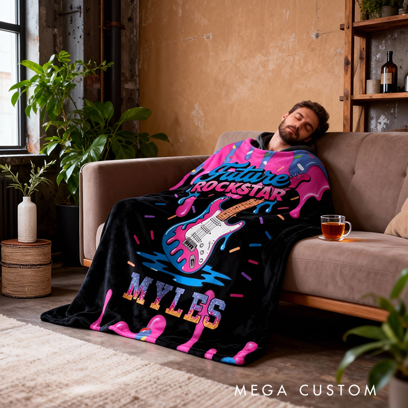 Personalized Future Rockstar Blankets for Kids with Name Electric Guitar Blanket Boys Room Decor Cool Custom Kids Blanket Music Lovers