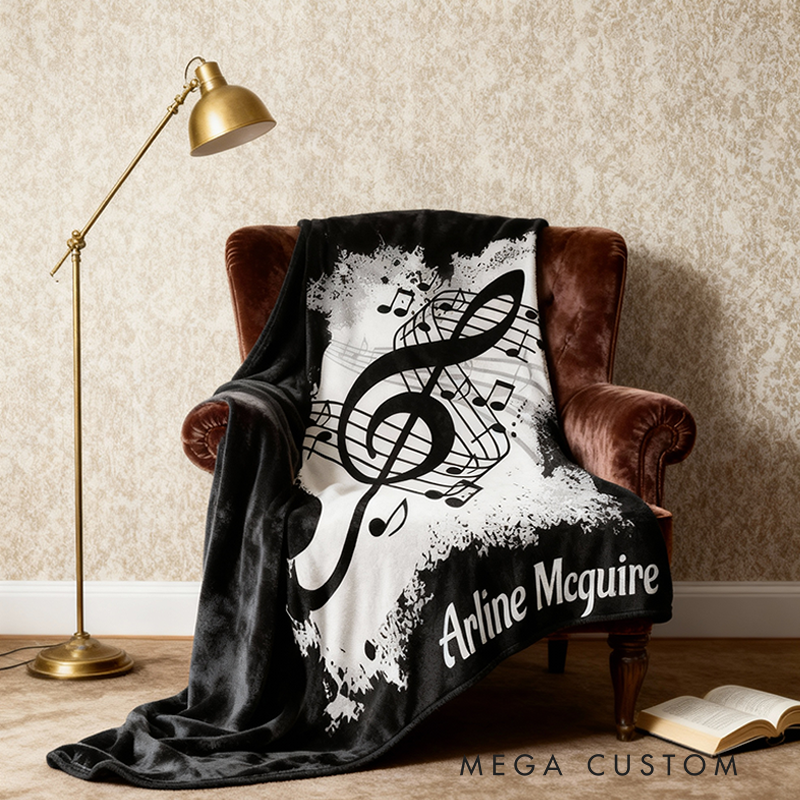 Personalized Music Notes Blanket Treble Clef Throw Blanket Music Lover Gift Custom Musician Blanket Black and White Musical Decor