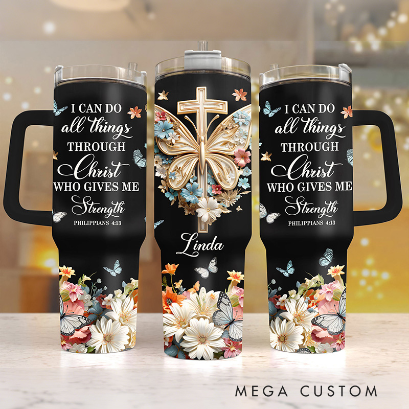 Personalized I Can Do All Things Through Christ 40oz Tumbler with Custom Name Handle and Straw Insulated Large Water Bottle Cup Religious Gift for Her
