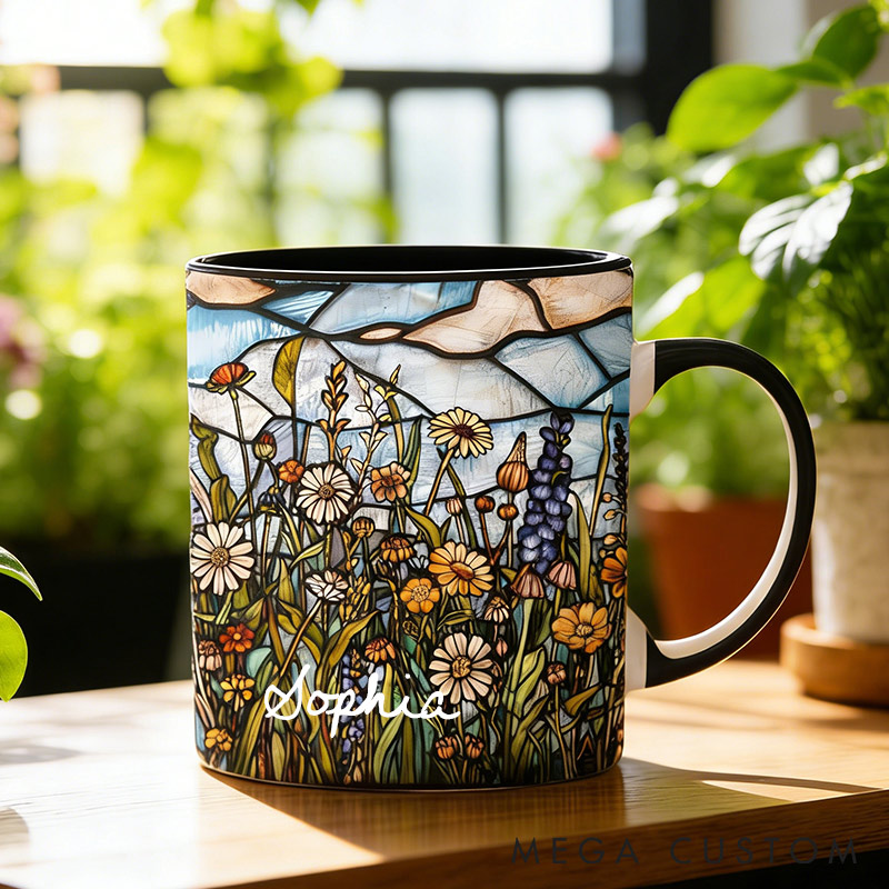 Personalized Stained Glass Wildflower Haven Mug Custom Name for Gardening Lovers