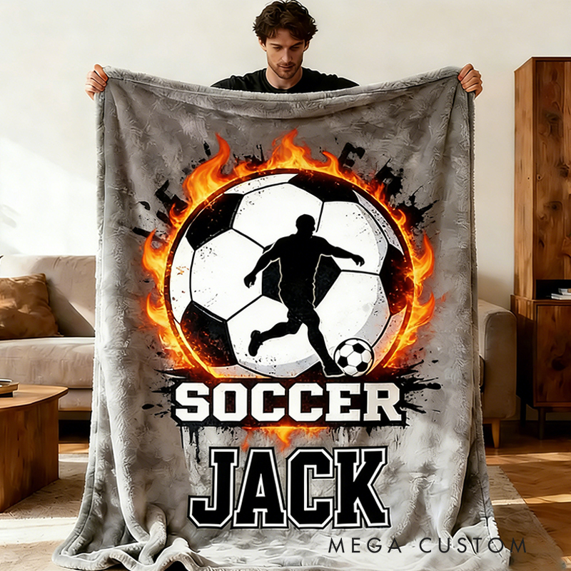 Personalized Soccer Blanket with Custom Name and Fiery Design for Soccer Enthusiasts